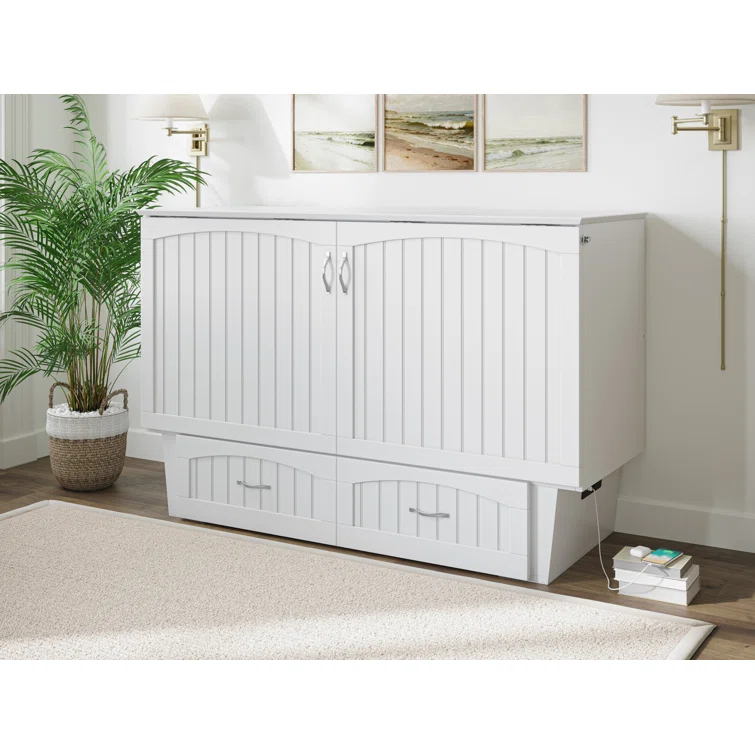 A closed murphy bed chest with wooden finish and drawers.